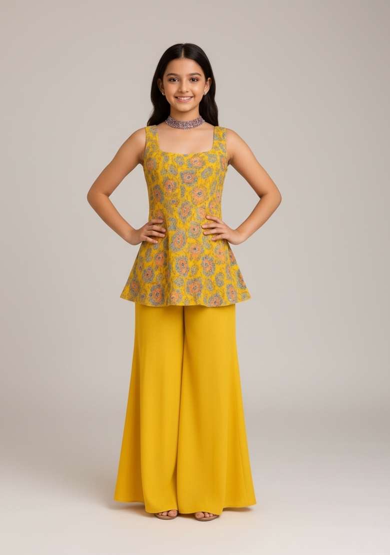 Girls Yellow Embroidered Georgette Fusion Set - Indya