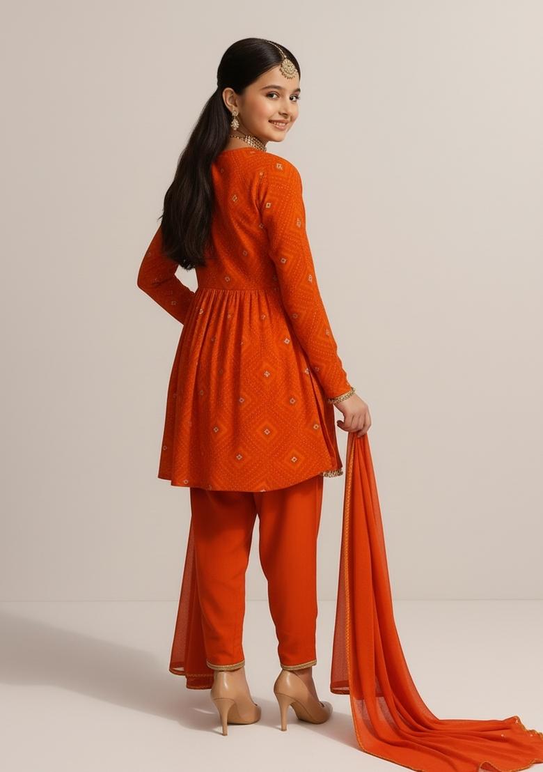 Girls Orange Embellished Chinon Chiffon Fusion Set - Indya