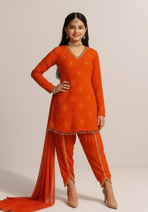 Girls Orange Embellished Chinon Chiffon Fusion Set