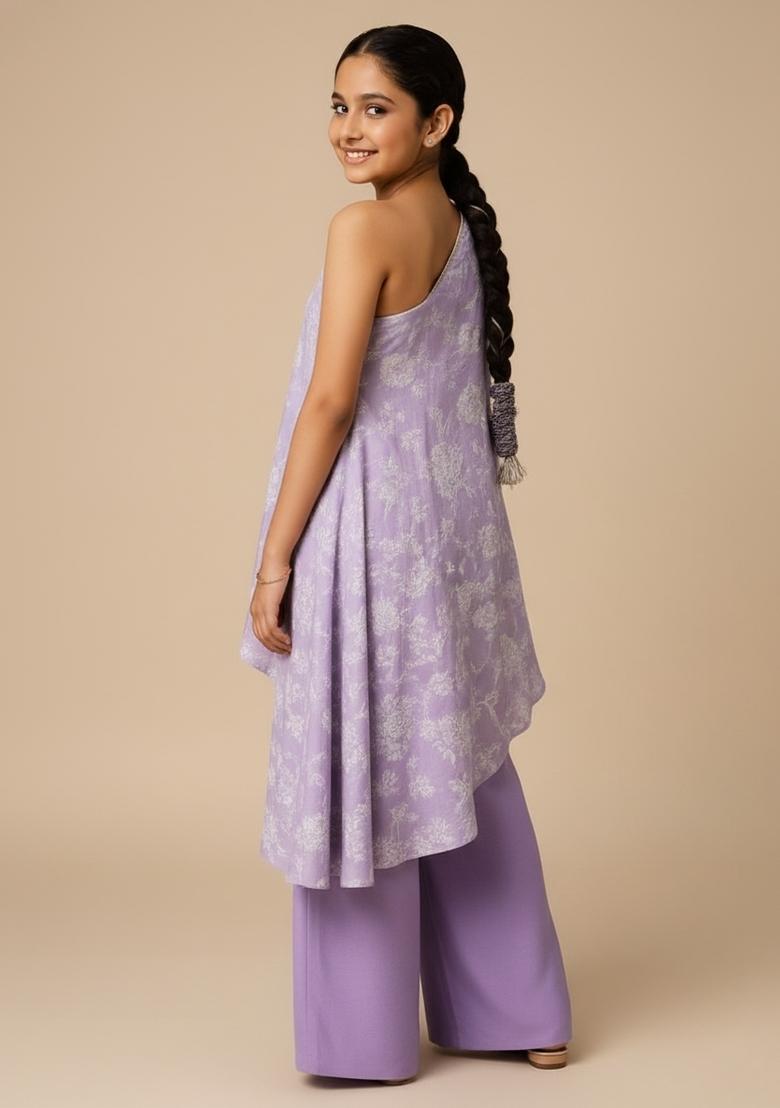 Girls Lilac Embroidered Silk Fusion Set - Indya