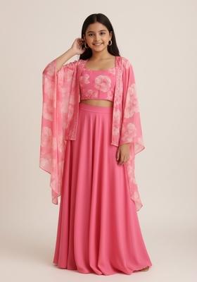 Girls Pink Printed Georgette Fusion Set