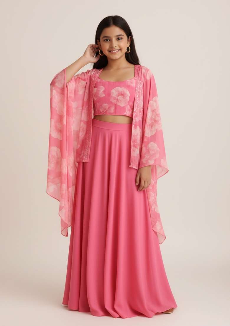 Girls Pink Printed Georgette Fusion Set - Indya