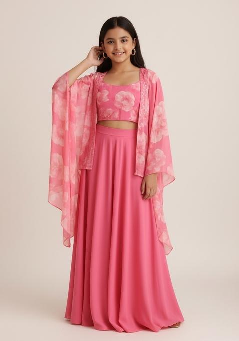 Girls Pink Printed Georgette Fusion Set