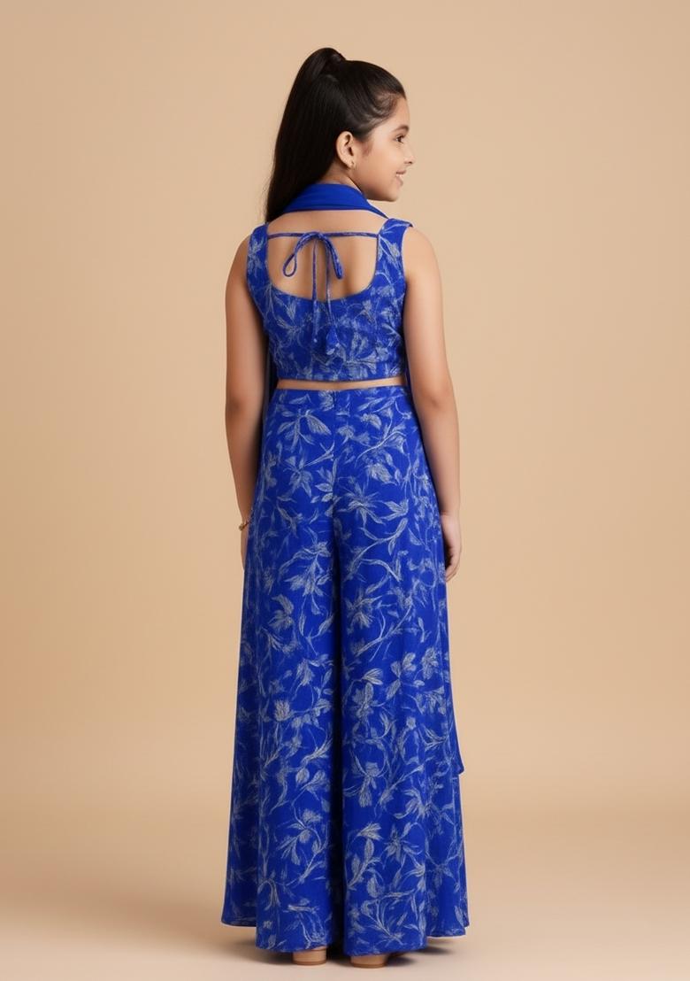 Girls Blue Printed Satin Fusion Set - Indya