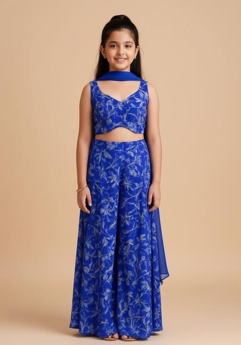 Girls Blue Printed Satin Fusion Set