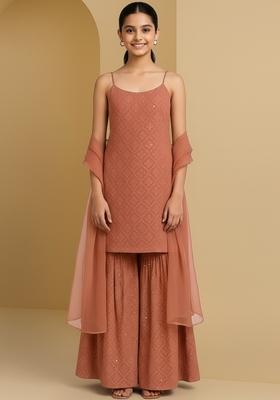 Girls Maroon Embroidered Georgette Sharara Set