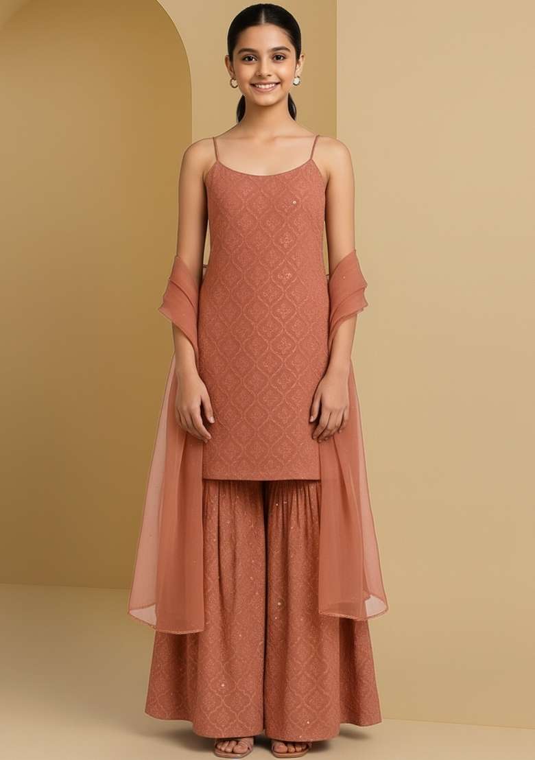 Girls Maroon Embroidered Georgette Sharara Set - Indya