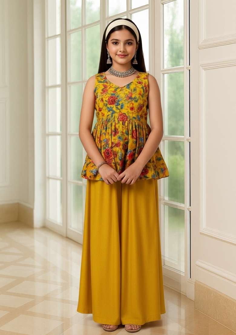 Girls Mustard Yellow Embroidered Organza Sharara Set - Indya