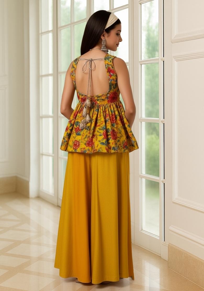 Girls Mustard Yellow Embroidered Organza Sharara Set - Indya