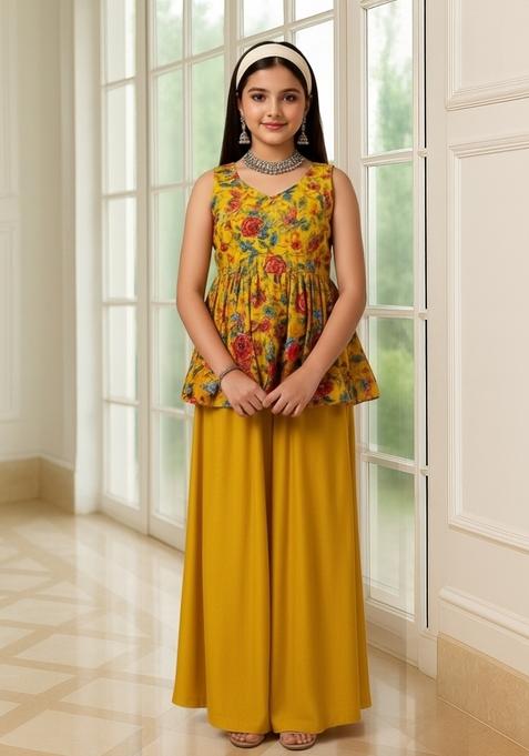Girls Mustard Yellow Embroidered Organza Sharara Set