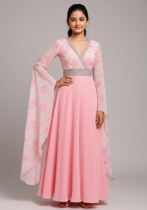 Girls Pink Printed Georgette Anarkali Set