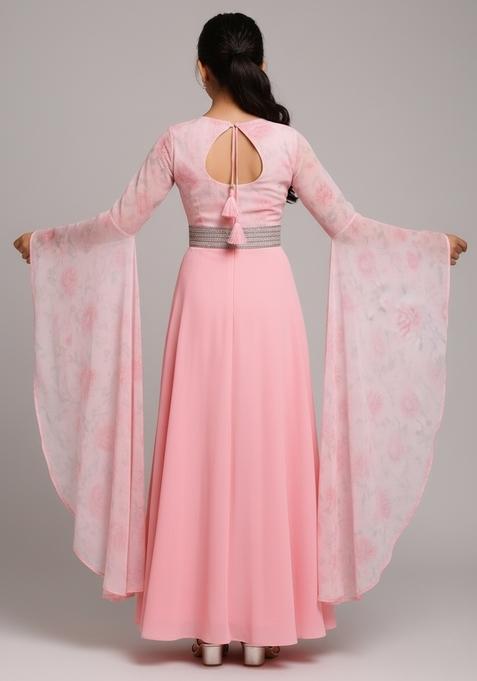 Girls Pink Printed Georgette Anarkali Set