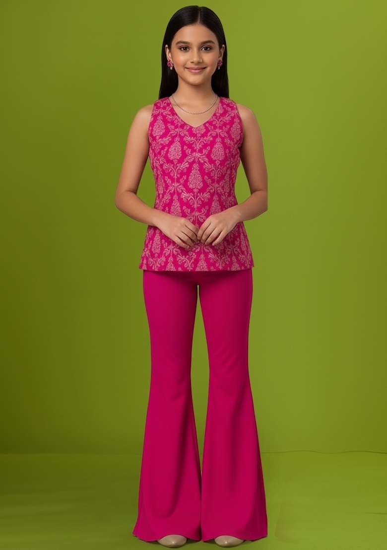 Girls Pink Embroidered Georgette Sharara Set - Indya
