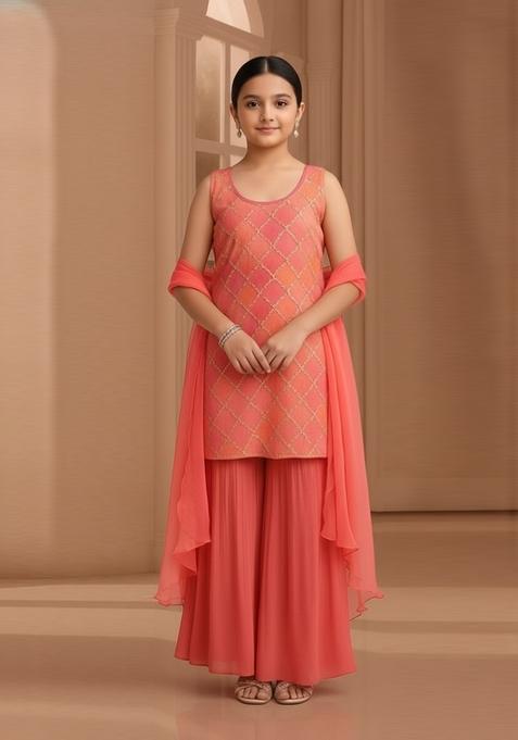 Girls Peach Embroidered Chinon Sharara Set