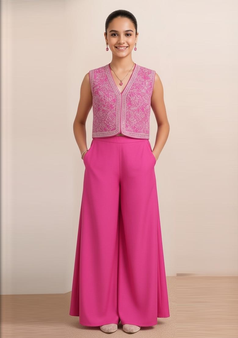 Girls Pink Embroidered Georgette Sharara Set - Indya