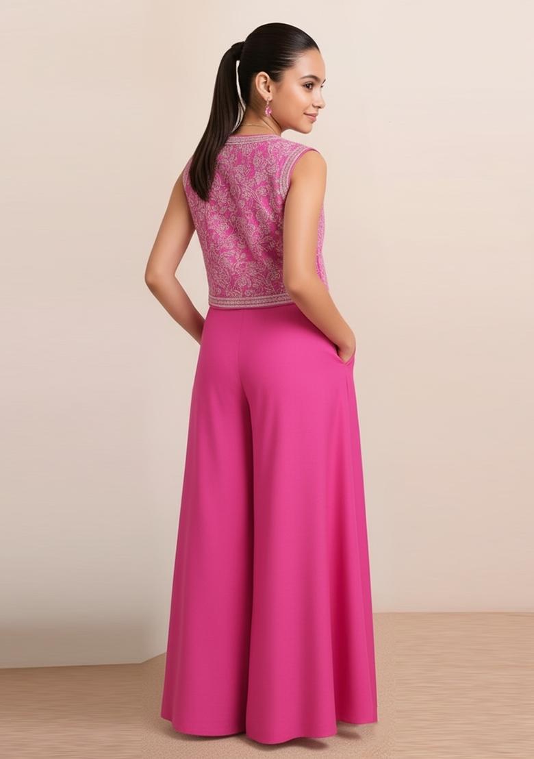 Girls Pink Embroidered Georgette Sharara Set - Indya