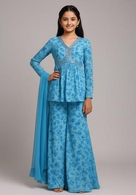 Girls Sky Blue Printed Chiffon Sharara Set