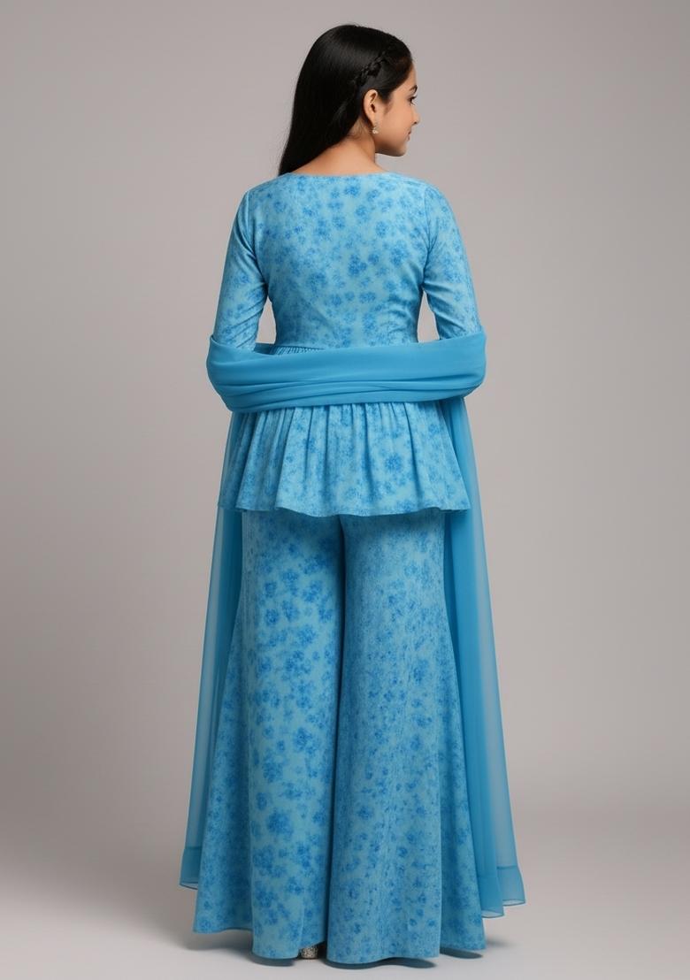 Girls Sky Blue Printed Chiffon Sharara Set - Indya