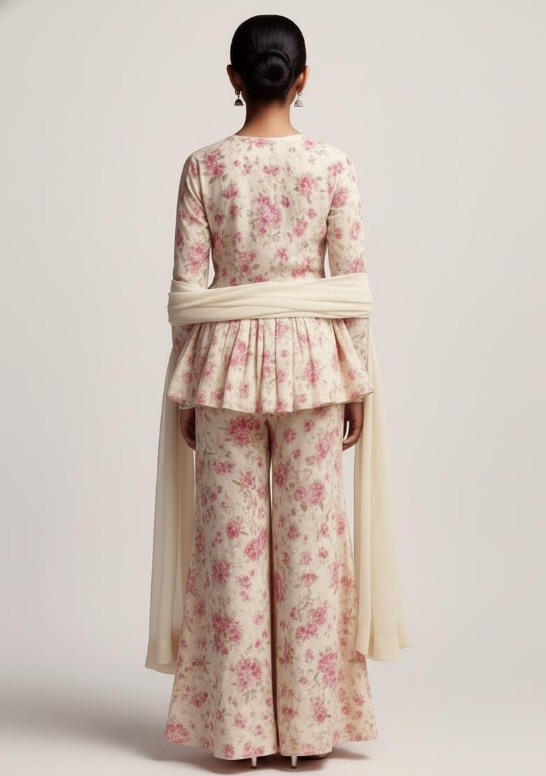 Girls White And Pink Printed Chiffon Sharara Set - Indya