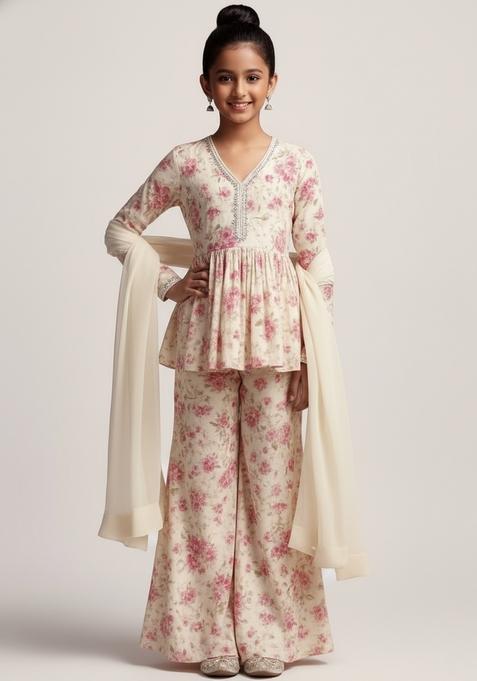 Girls White And Pink Printed Chiffon Sharara Set