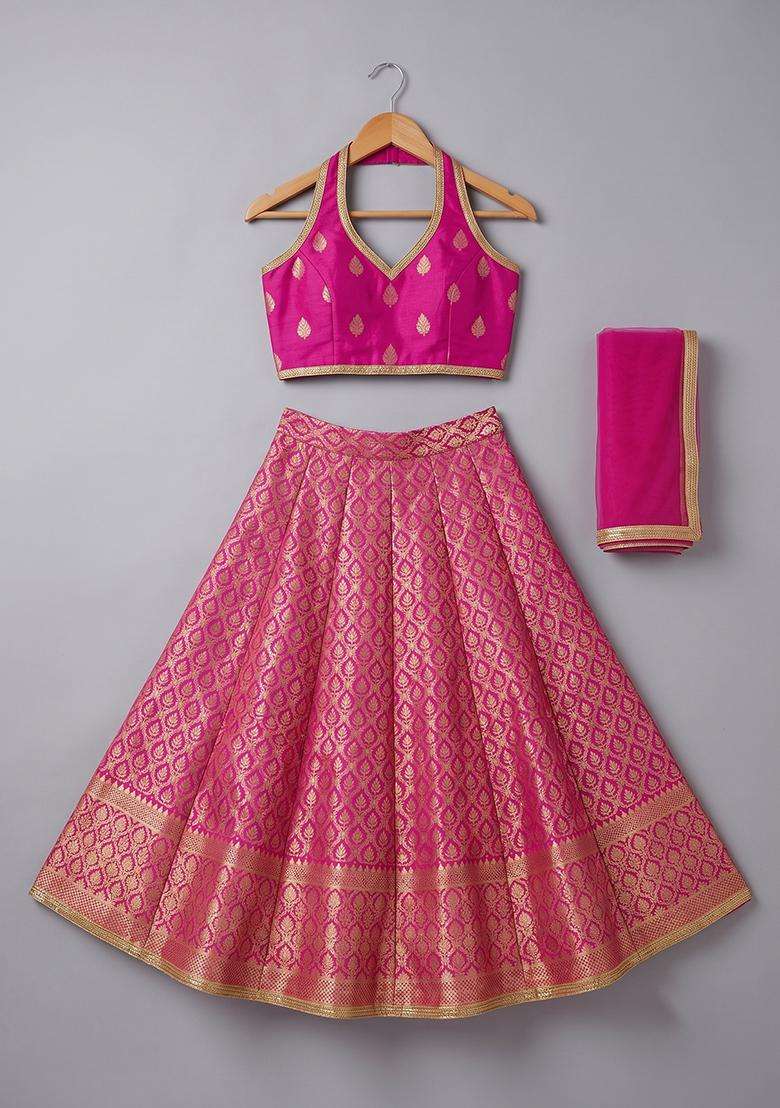 Girls Pink Jacquard Brocade Lehenga Set - Indya