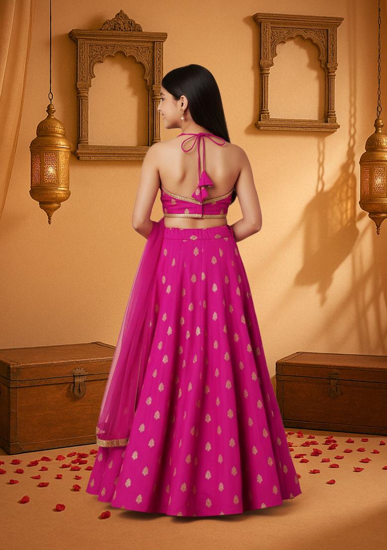 Girls Pink Jacquard Brocade Lehenga Set - Indya