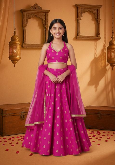 Girls Pink Jacquard Brocade Lehenga Set
