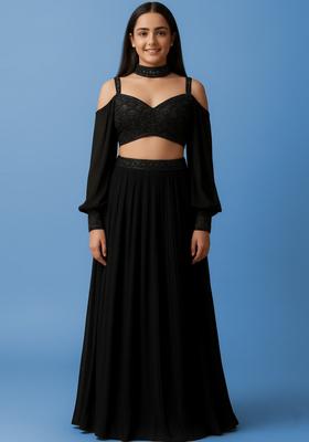 Girls Black Georgette Embellished Blouse Lehenga Set