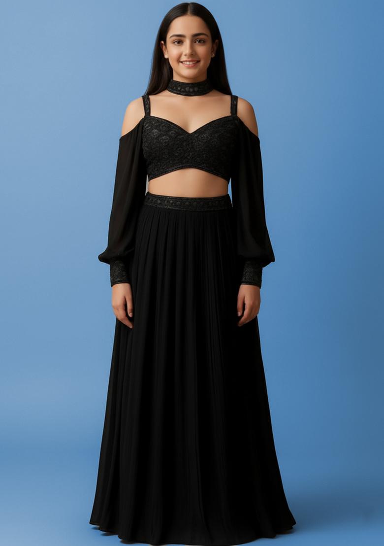 Girls Black Georgette Embellished Blouse Lehenga Set