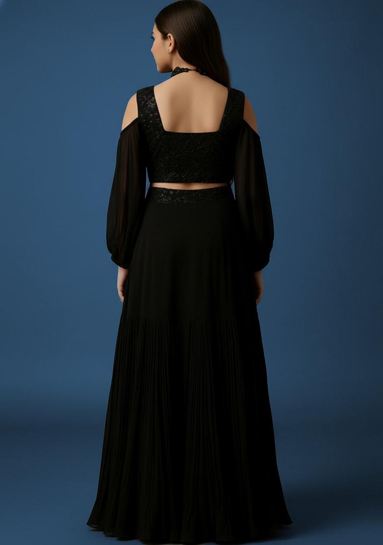 Girls Black Georgette Embellished Blouse Lehenga Set