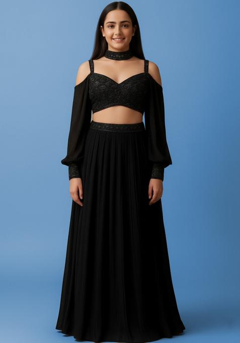 Girls Black Georgette Embellished Blouse Lehenga Set