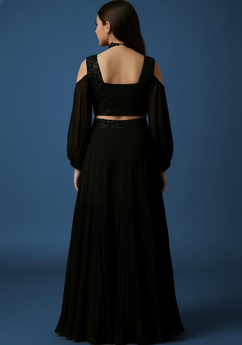 Girls Black Georgette Embellished Blouse Lehenga Set