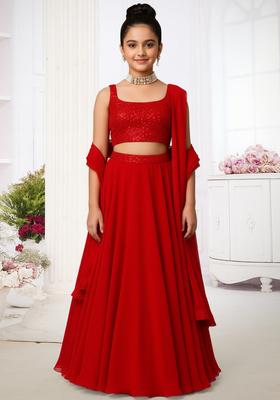 Girls Red Sequin Embroidered Georgette Lehenga Set