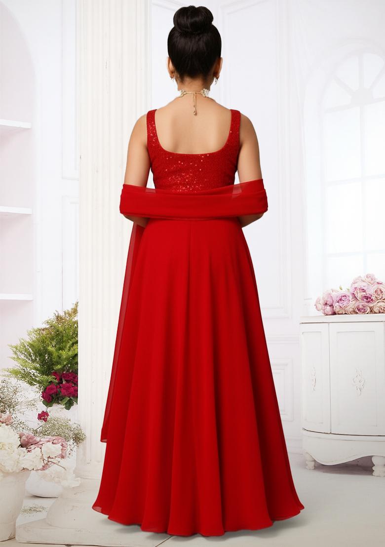 Girls Red Sequin Embroidered Georgette Lehenga Set - Indya