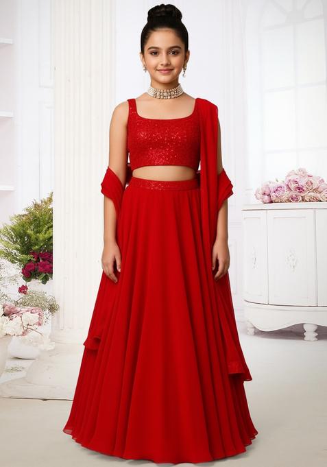Girls Red Sequin Embroidered Georgette Lehenga Set