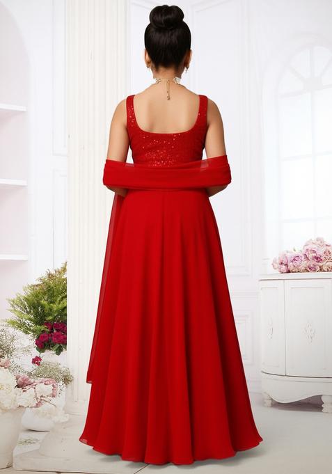 Girls Red Sequin Embroidered Georgette Lehenga Set