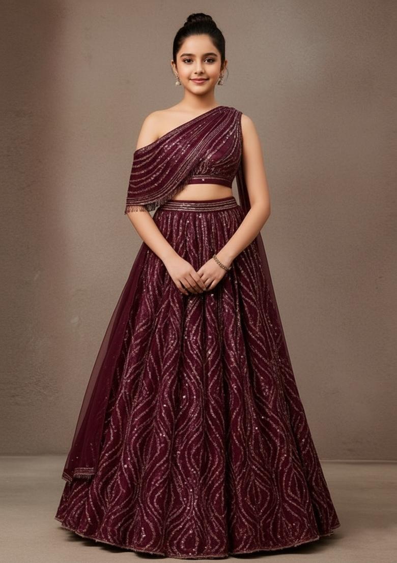 Girls Wine Embroidered Net Lehenga Set