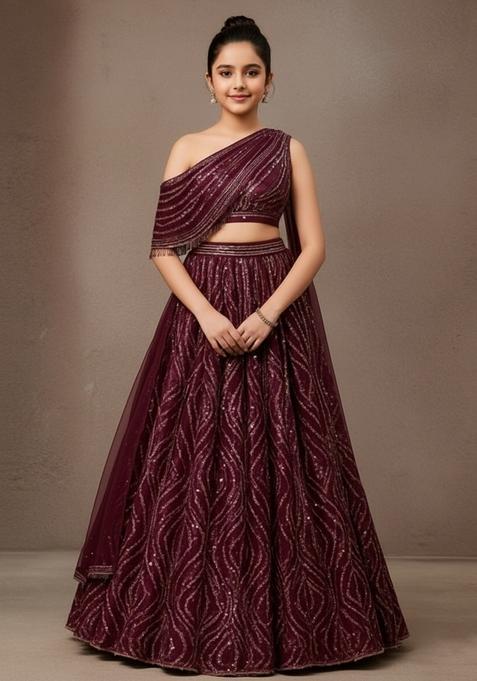 Girls Wine Embroidered Net Lehenga Set