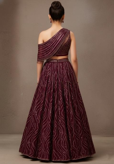 Girls Wine Embroidered Net Lehenga Set