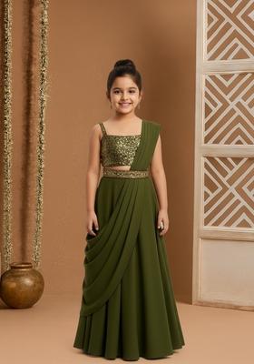 Girls Green Sequin Embellished Blouse Georgette Lehenga Set