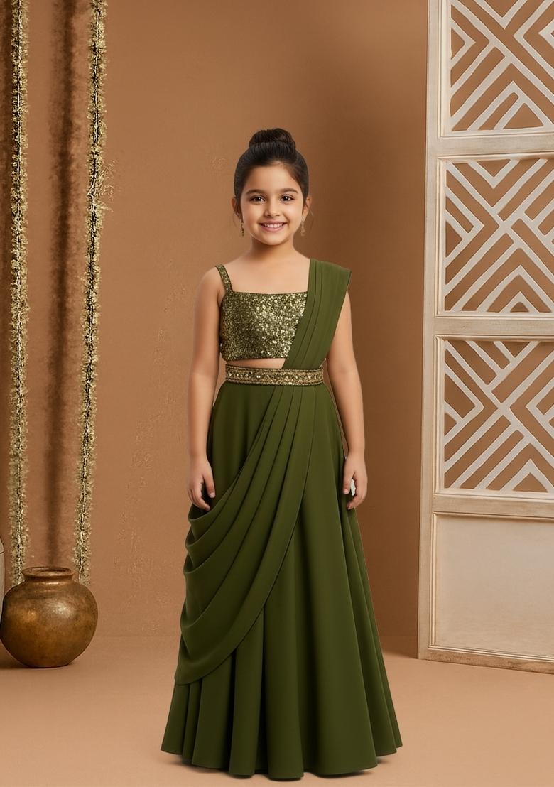 Girls Green Sequin Embellished Blouse Georgette Lehenga Set