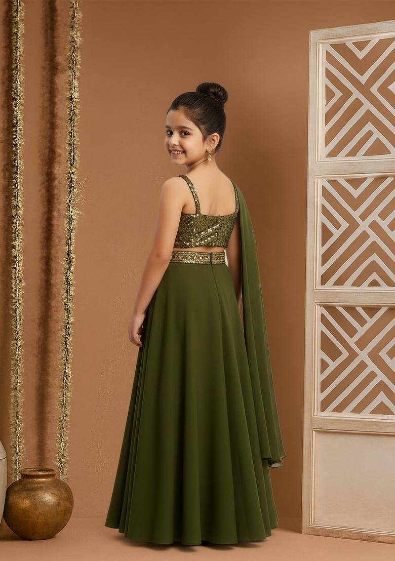 Girls Green Sequin Embellished Blouse Georgette Lehenga Set