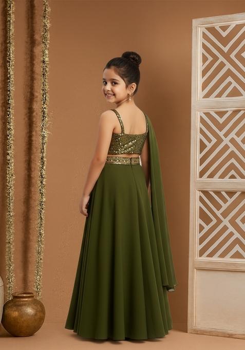 Girls Green Sequin Embellished Blouse Georgette Lehenga Set
