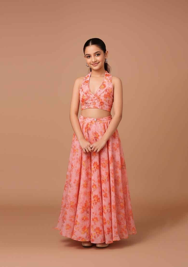 Girls Orange Printed Chiffon Lehenga Set