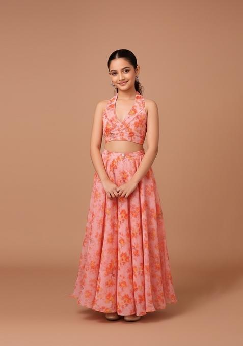 Girls Orange Printed Chiffon Lehenga Set
