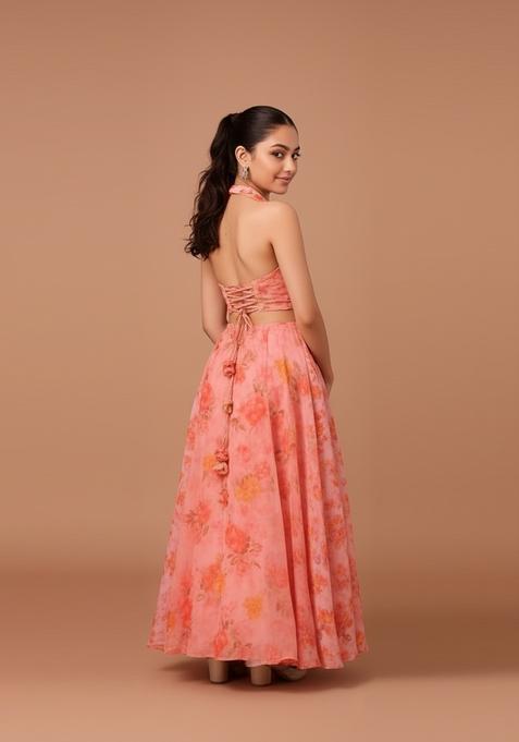 Girls Orange Printed Chiffon Lehenga Set