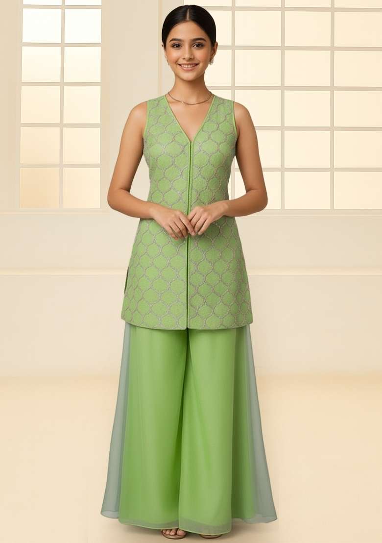 Girls Parrot Green Embroidered Work Georgette Sharara Set - Indya