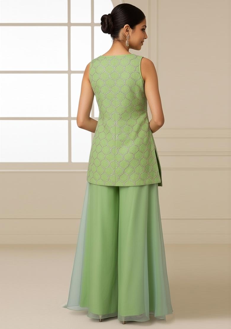 Girls Parrot Green Embroidered Work Georgette Sharara Set - Indya