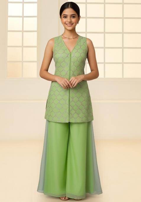 Girls Parrot Green Embroidered Work Georgette Sharara Set