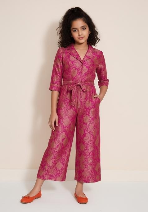 Girls Magenta Jacquard Jumpsuit